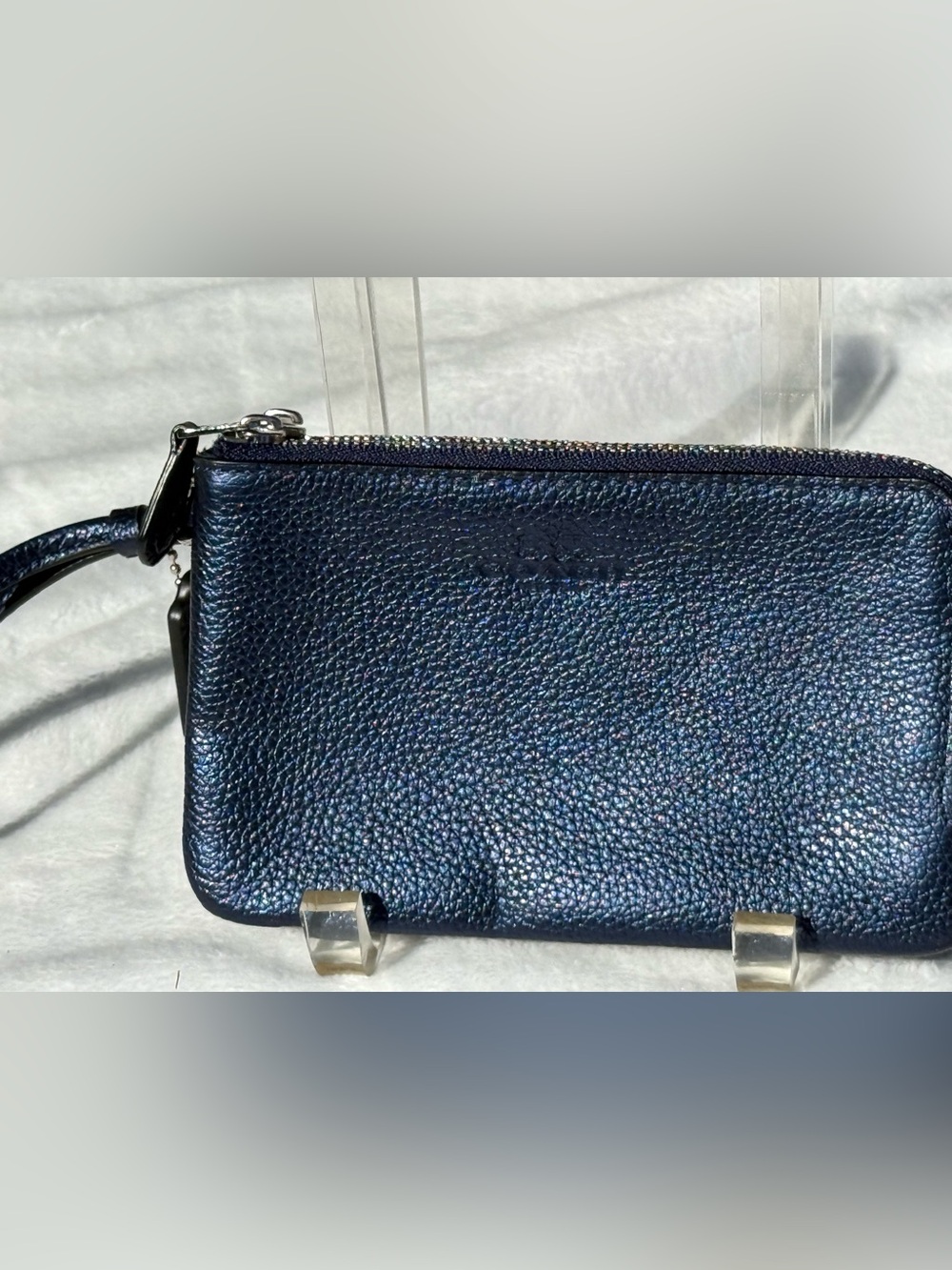 Coach Metallic Navy Pebbled Leather Wristlet